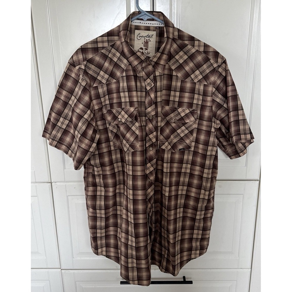 Coastal California Short Sleeve Pearl Snap Brown Plaid Shirt Mens Sz XXL